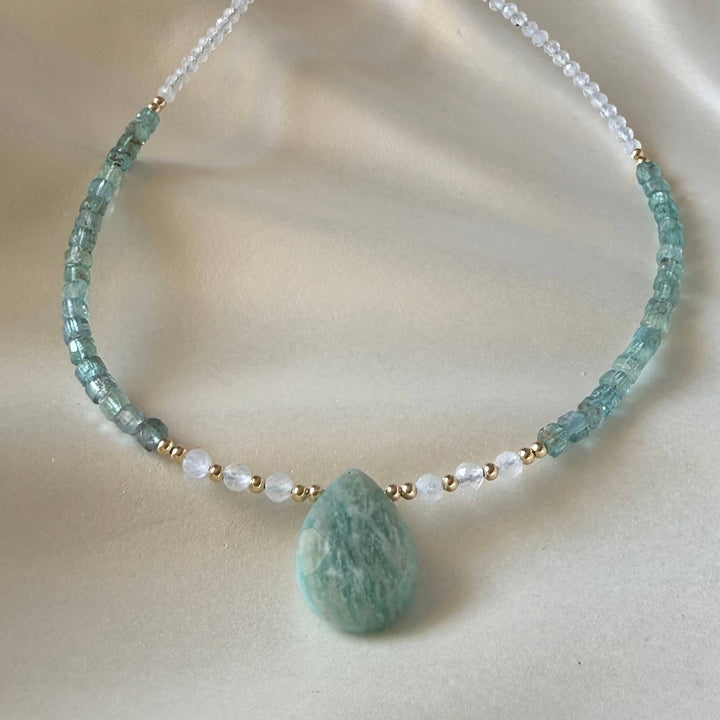 Lemurian Dreaming Amazonite, Apatite & Moonstone Gold Necklace