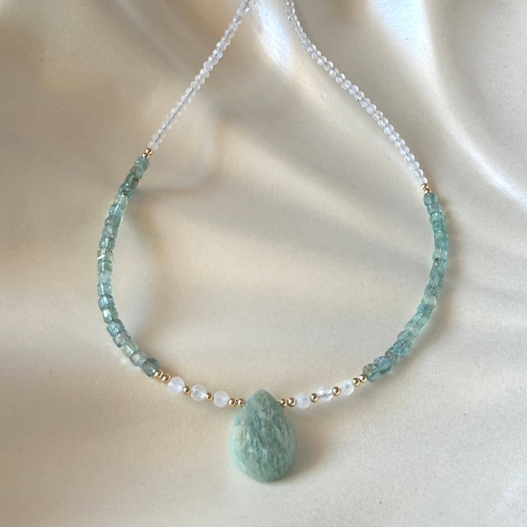 Lemurian Dreaming Amazonite, Apatite & Moonstone Gold Necklace