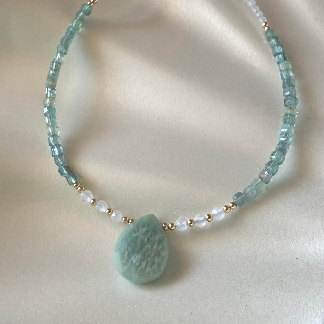 Lemurian Dreaming Amazonite, Apatite & Moonstone Gold Necklace
