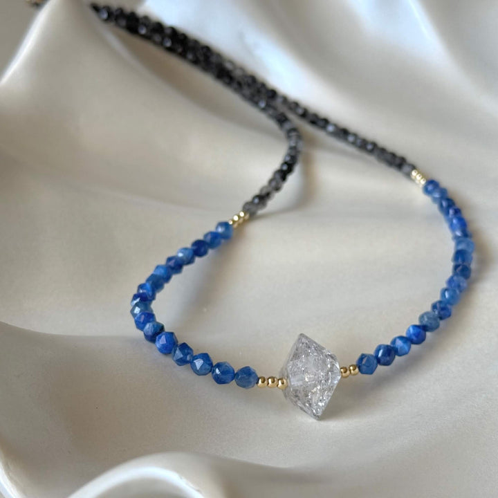 Herkimer Diamond, Kyanite and Tourmalinated Quartz Golden Necklace