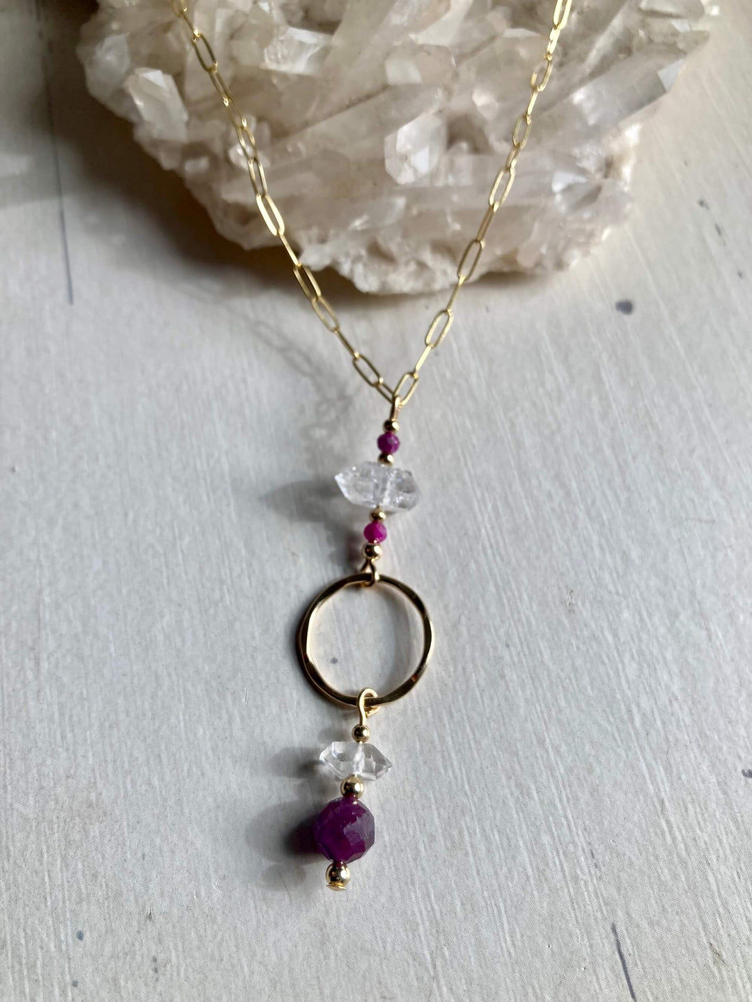 Golden Ruby & Herkimer Diamond Pendant Necklace
