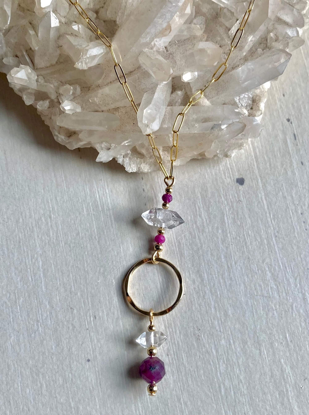 Golden Ruby & Herkimer Diamond Pendant Necklace