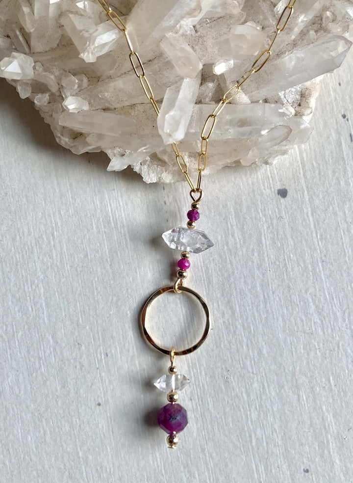Golden Ruby & Herkimer Diamond Pendant Necklace