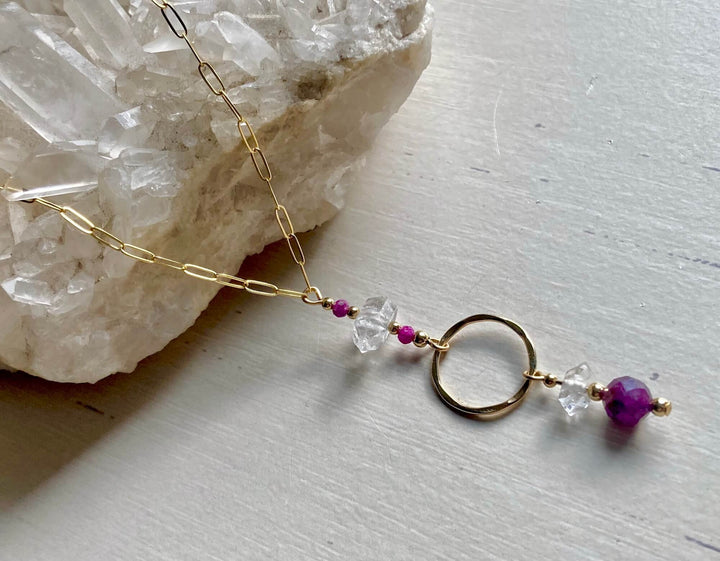 Golden Ruby & Herkimer Diamond Pendant Necklace