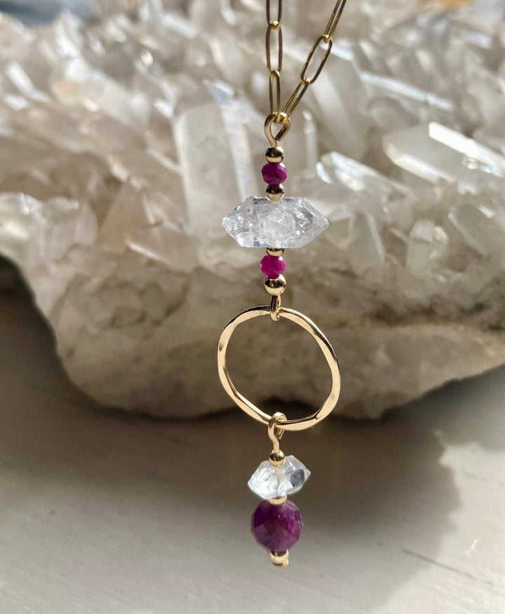 Golden Ruby & Herkimer Diamond Pendant Necklace