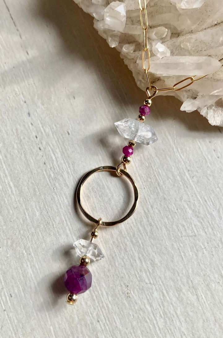 Golden Ruby & Herkimer Diamond Pendant Necklace