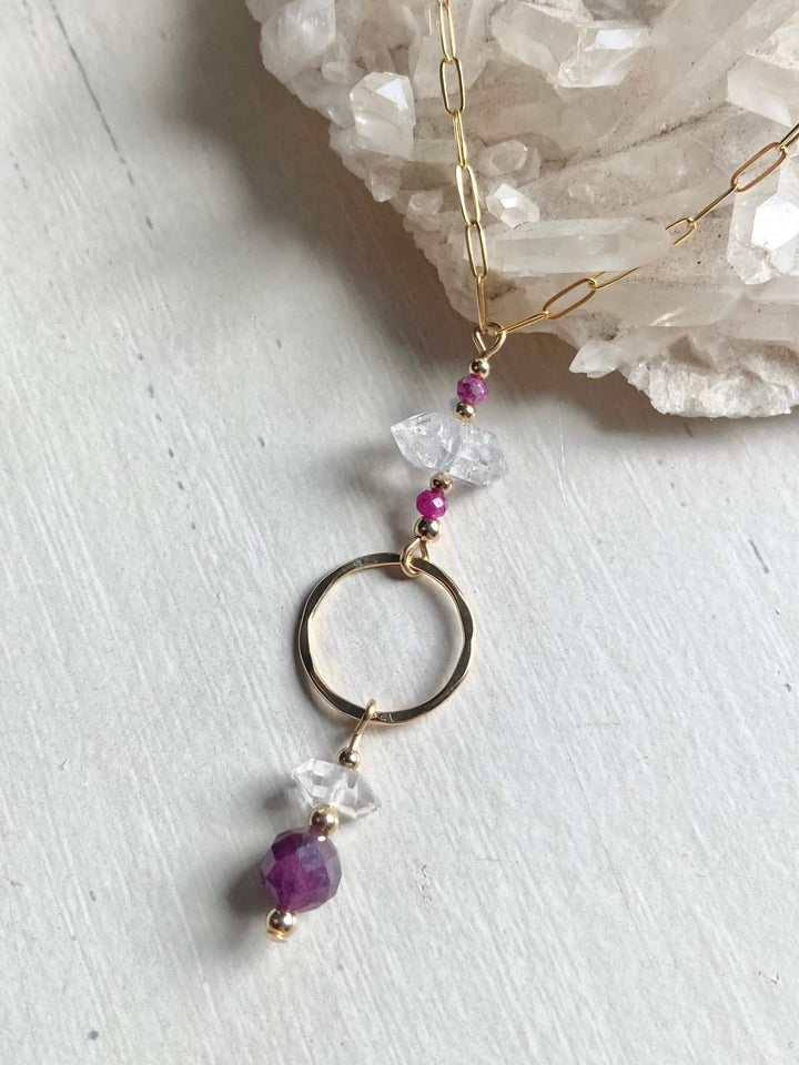 Golden Ruby & Herkimer Diamond Pendant Necklace