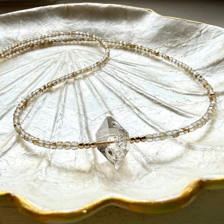 Golden Seeker Of Light Herkimer Diamond & Rutilated Quartz Necklace