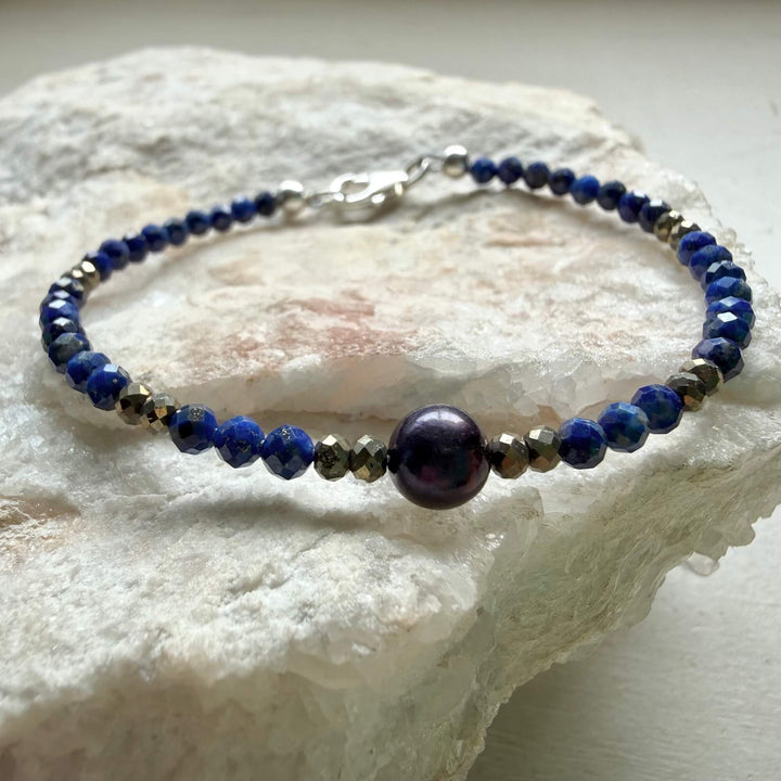 Lapis Lazuli, Pyrite & Black Pearl Bracelet