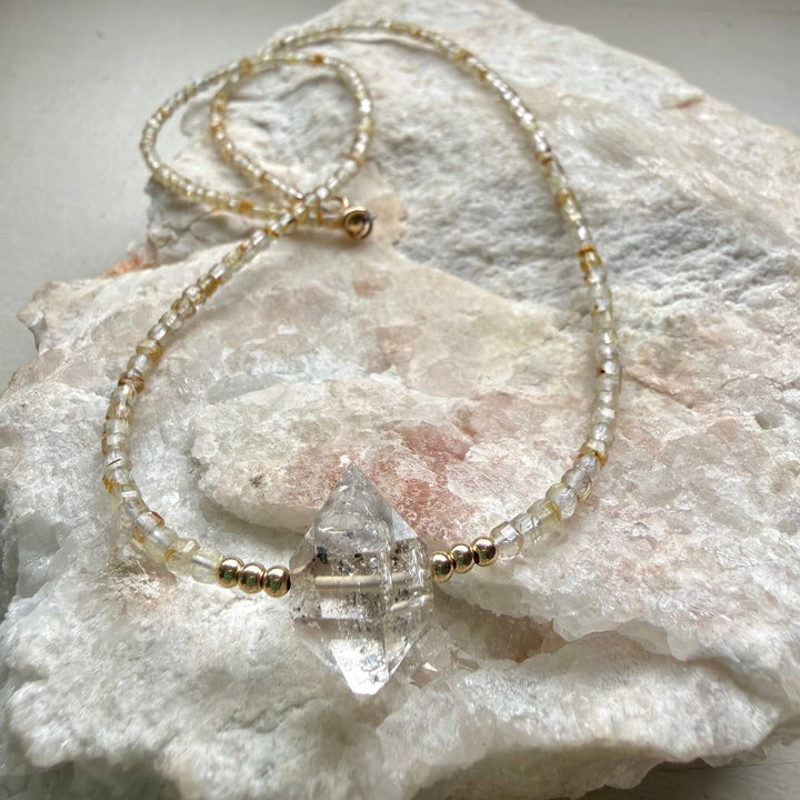 Golden Seeker Of Light Herkimer Diamond & Rutilated Quartz Necklace