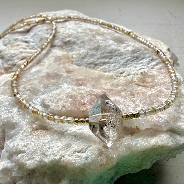 Golden Seeker Of Light Herkimer Diamond & Rutilated Quartz Necklace