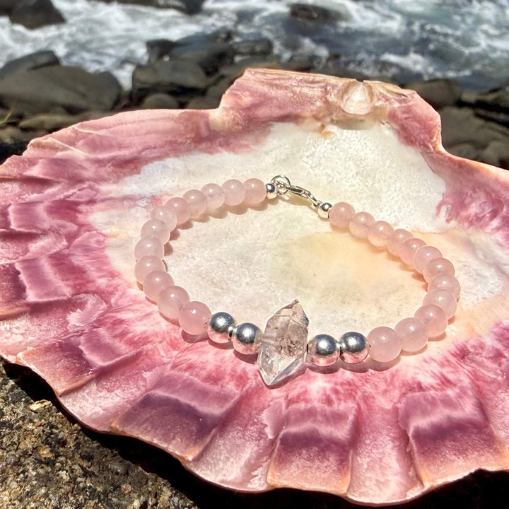 Rose Quartz and Herkimer Diamond Heart Purpose One Of A Kind Bracelet