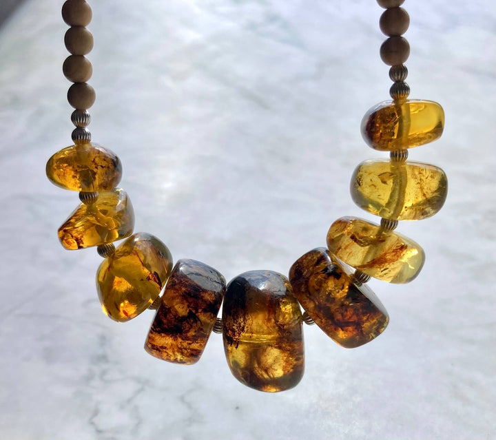 Amber Statement Necklace with Natural Wood