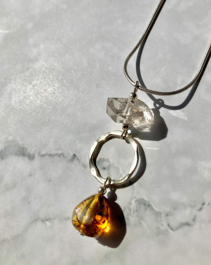 Amber & Herkimer Diamond Necklace
