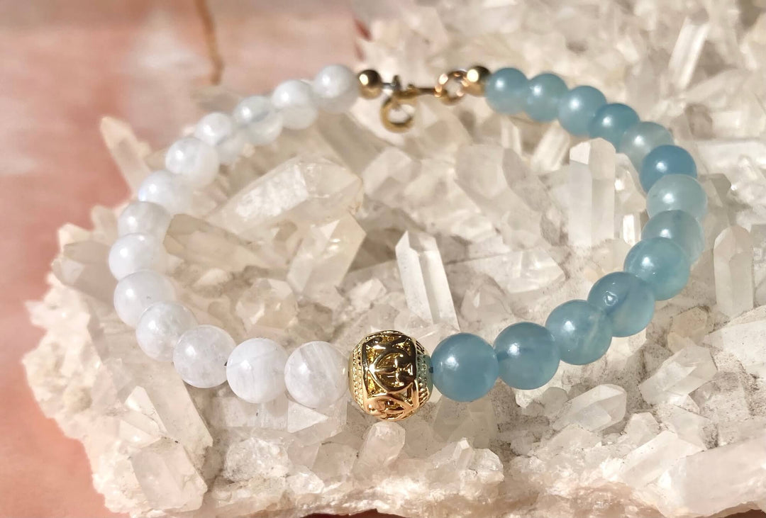 True North Lemurian Aquatine Calcite & Moonstone Gold Bracelet
