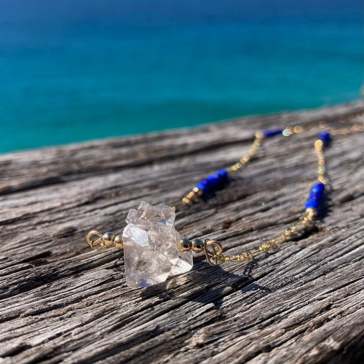 Golden Herkimer Diamond and Lapis Lazuli Chain Necklace