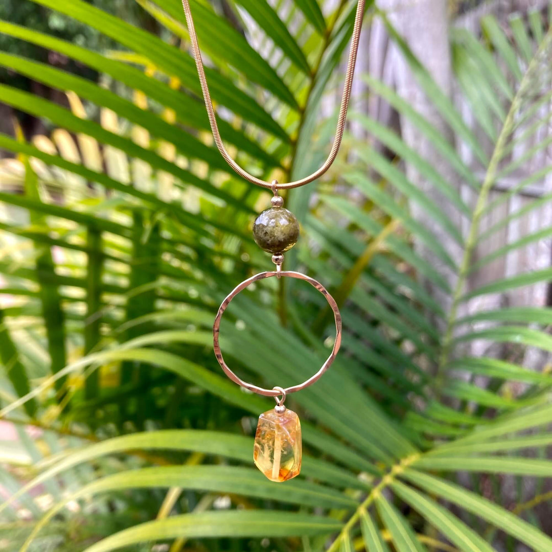 Green Garnet & Amber Gold Pendant Necklace