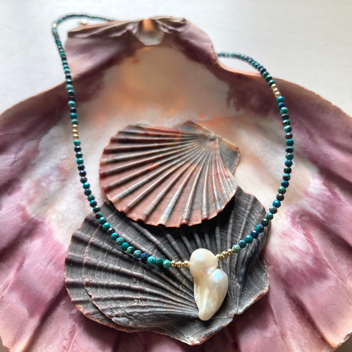 Golden Azurite & Pearl Neckalce