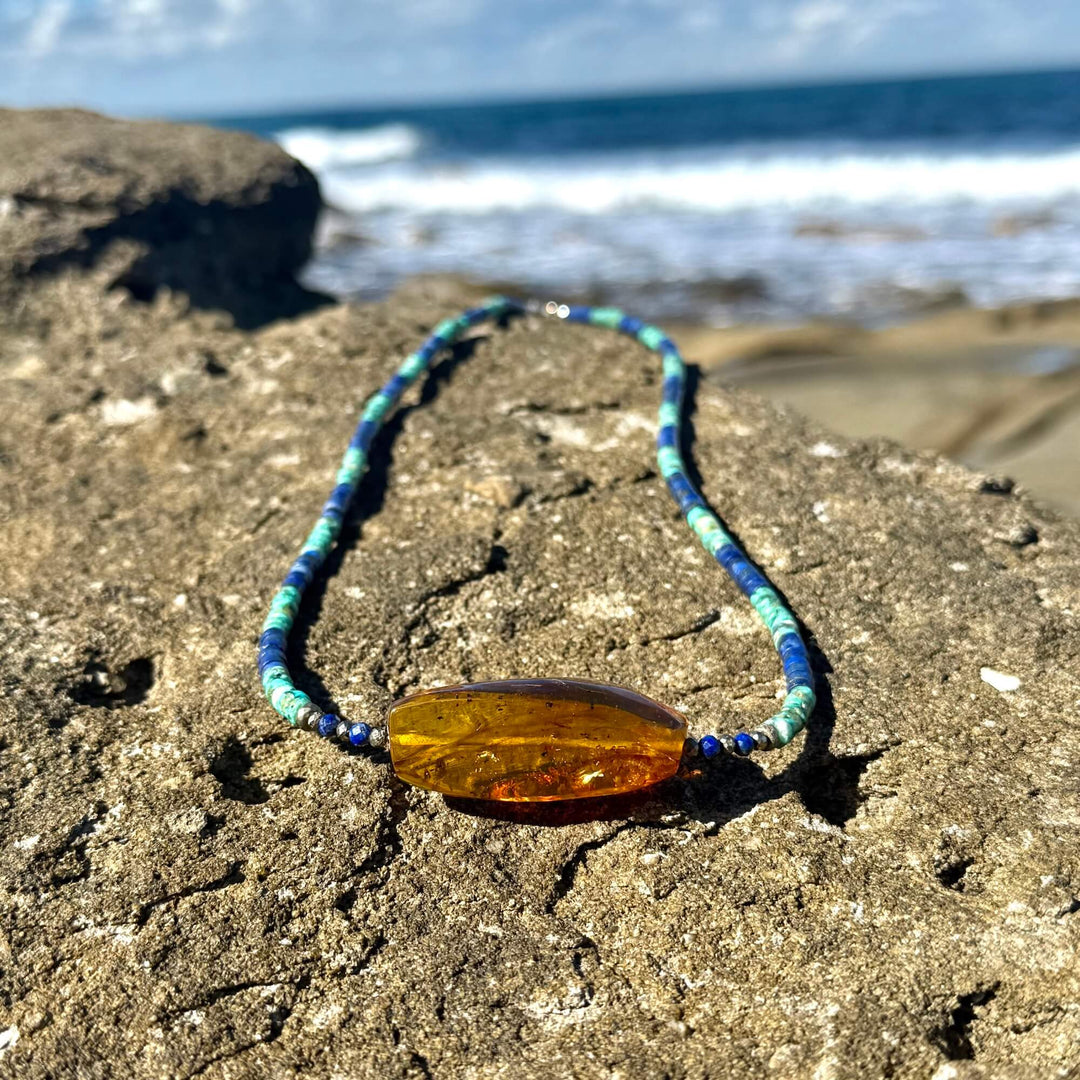 African Turquoise, Amber & Lapis Lazuli Necklace