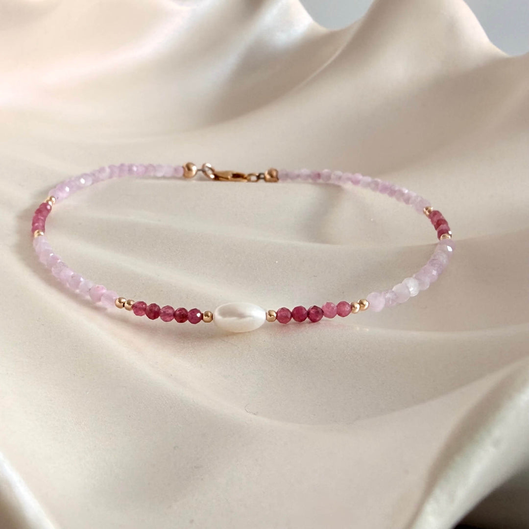 Golden Kunzite, Pink Tourmaline & Pearl One Of A Kind Anklet
