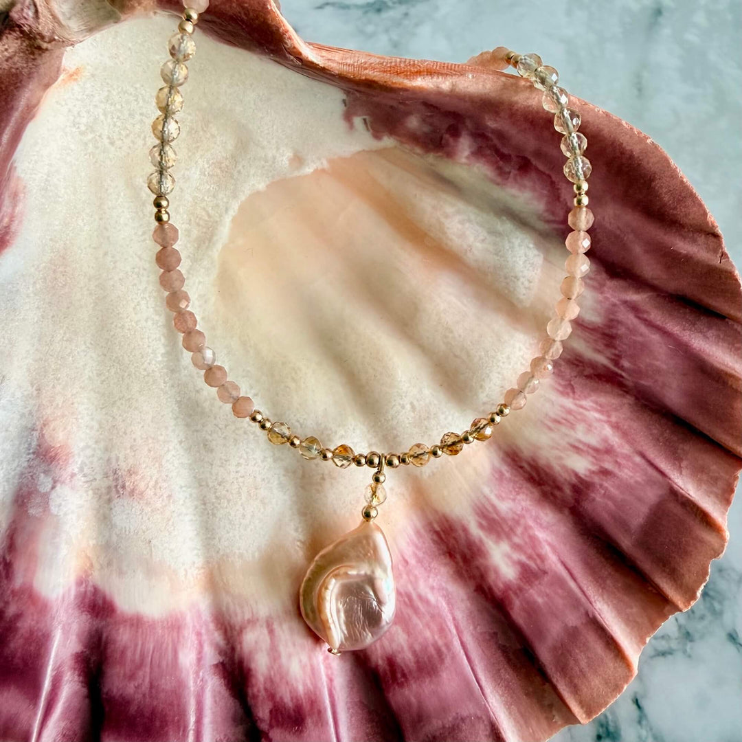 Golden Citrine, Sunstone and Pearl One Of A Kind Necklace
