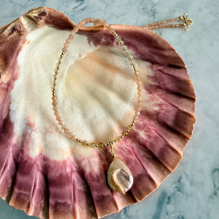 Golden Citrine, Sunstone and Pearl One Of A Kind Necklace