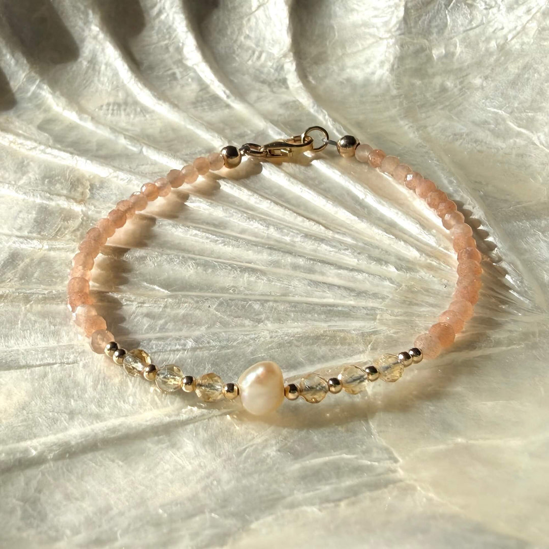 Golden Citrine, Sunstone and Pearl One Of A Kind Bracelet