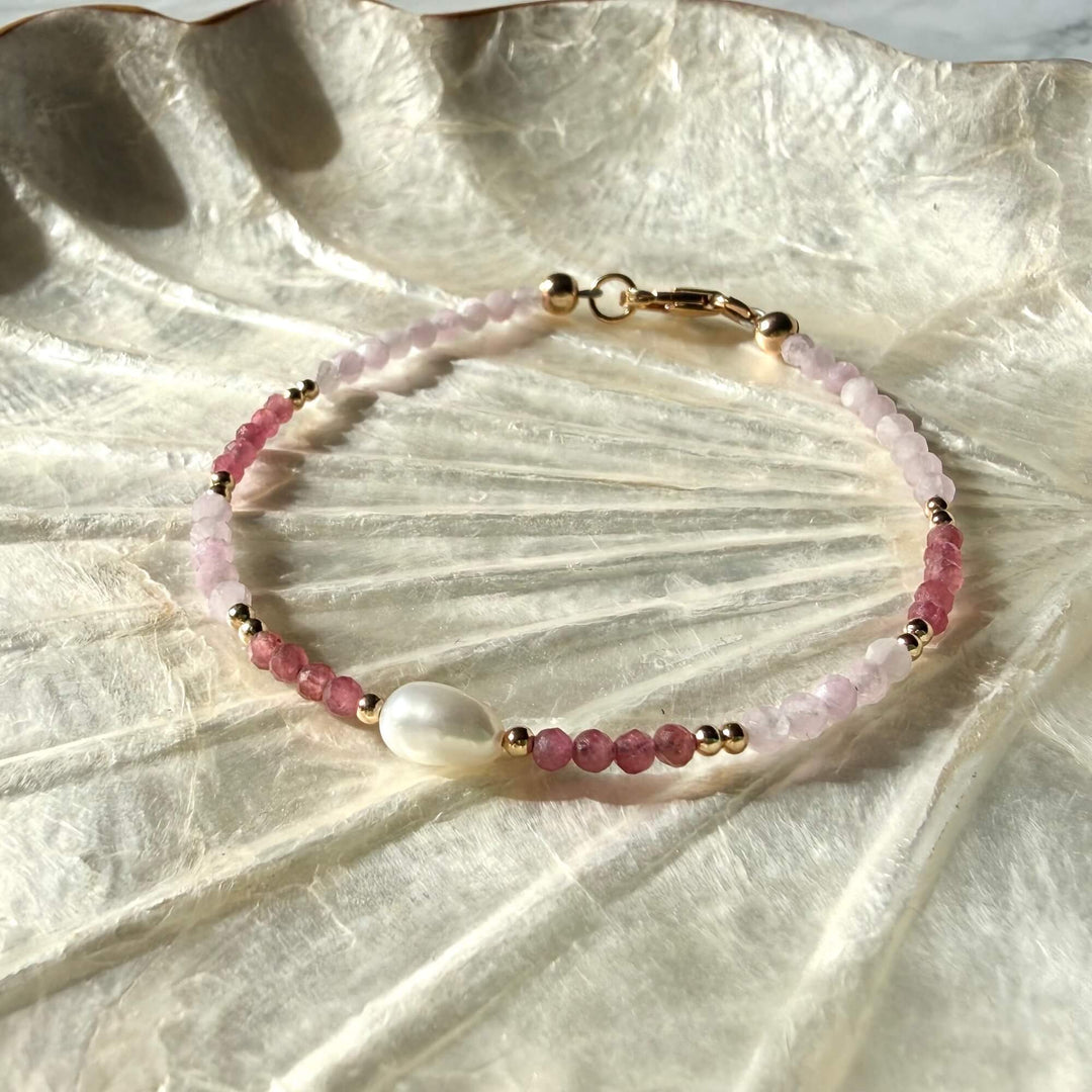 Golden Kunzite, Pink Tourmaline & Pearl One Of A Kind Bracelet