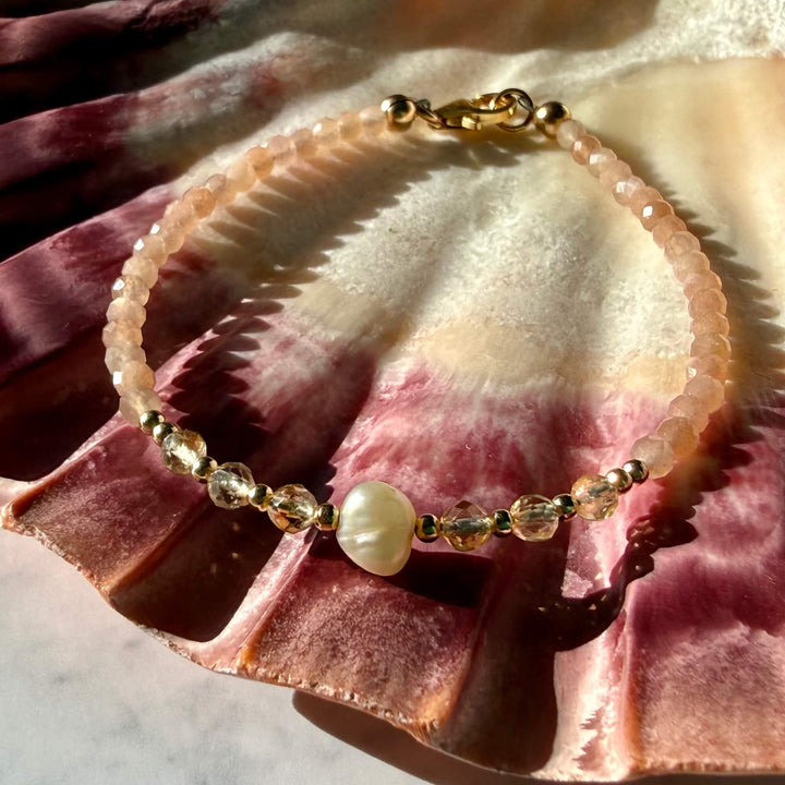 Golden Citrine, Sunstone and Pearl One Of A Kind Bracelet