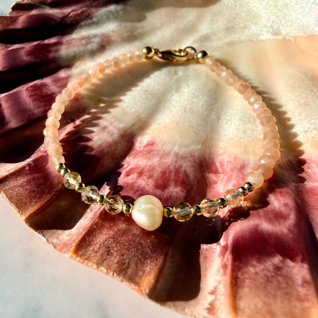 Golden Citrine, Sunstone and Pearl One Of A Kind Bracelet