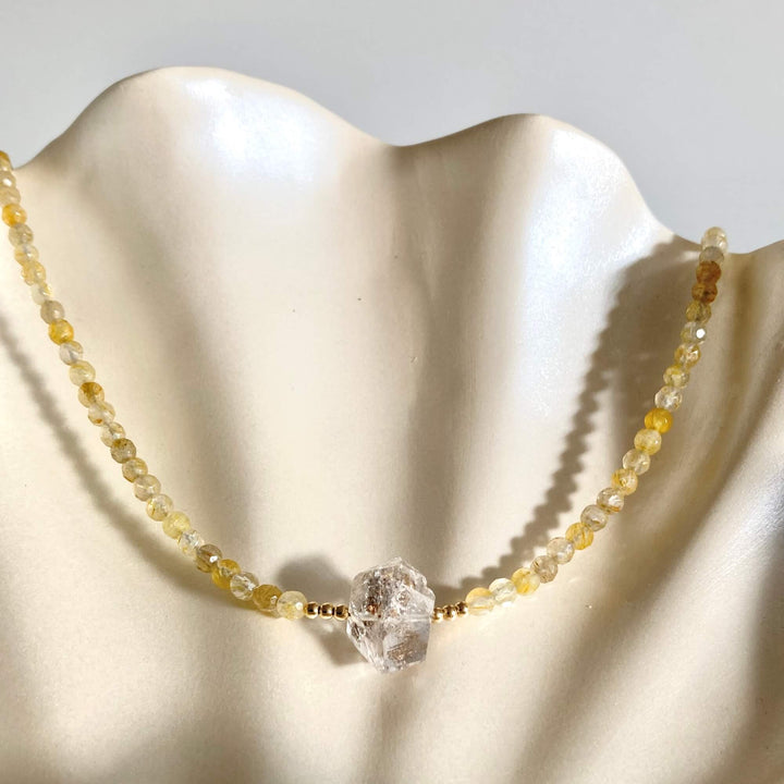 Golden Seeker Of Light Herkimer Diamond & Rutilated Quartz Necklace