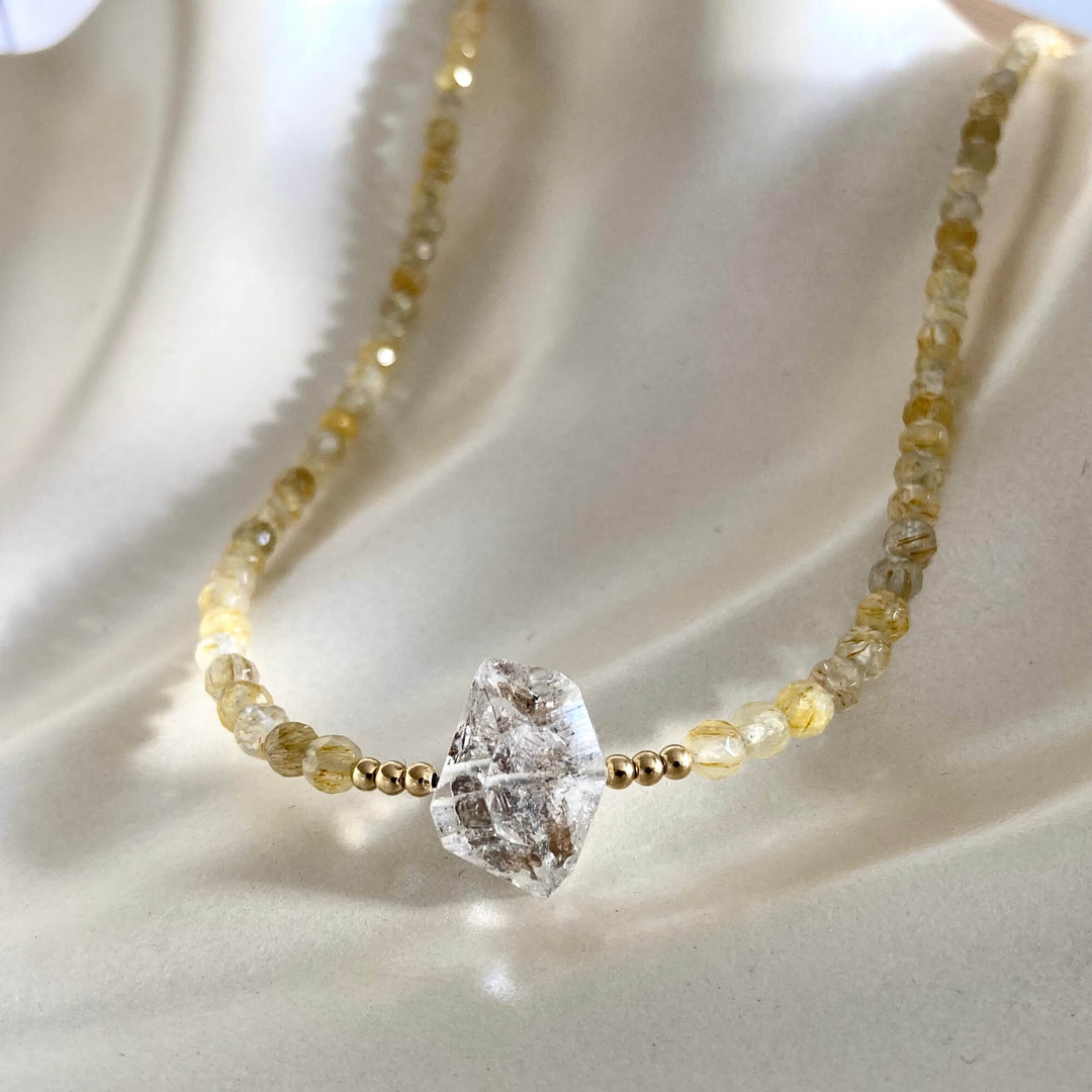Golden Seeker Of Light Herkimer Diamond & Rutilated Quartz Necklace