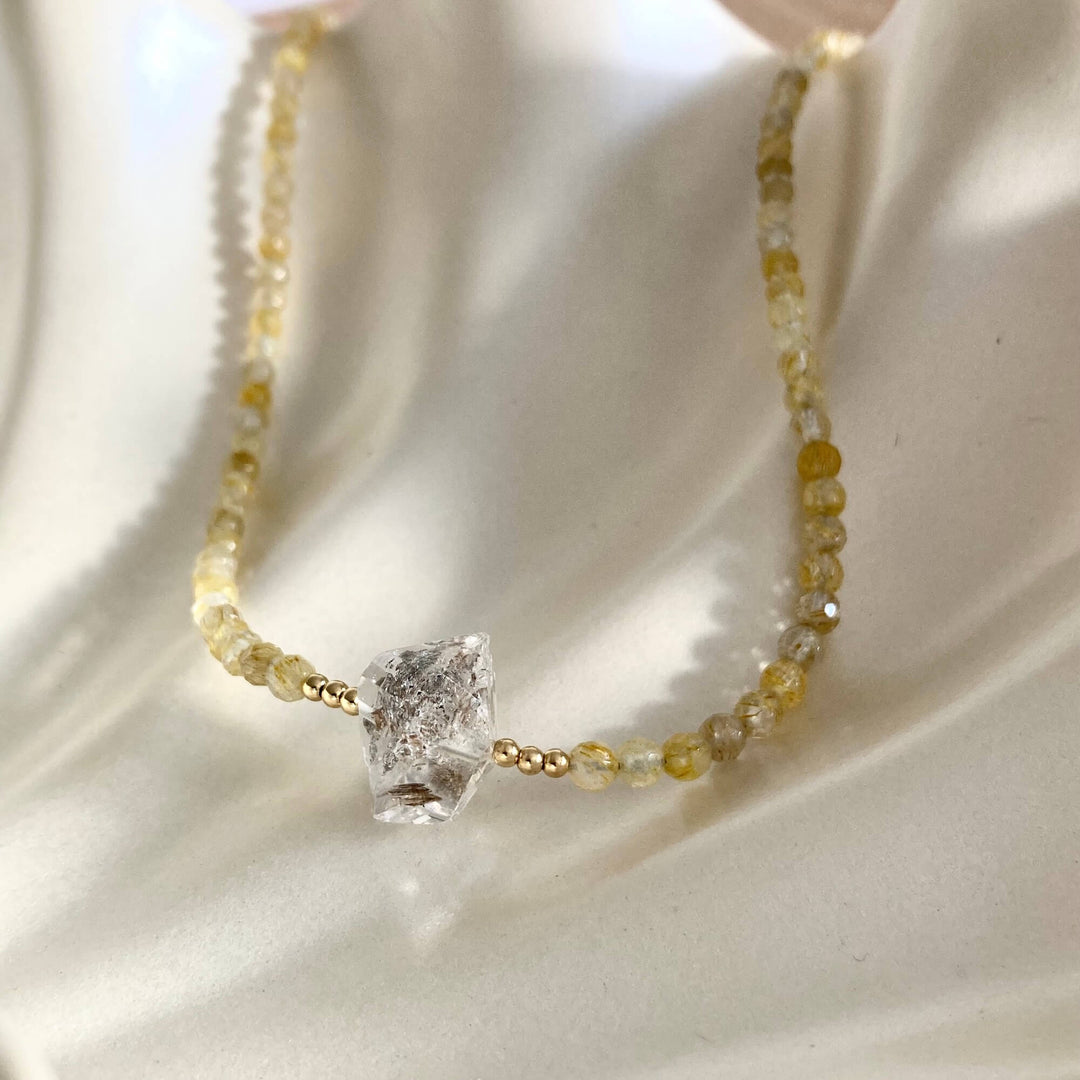 Golden Seeker Of Light Herkimer Diamond & Rutilated Quartz Necklace