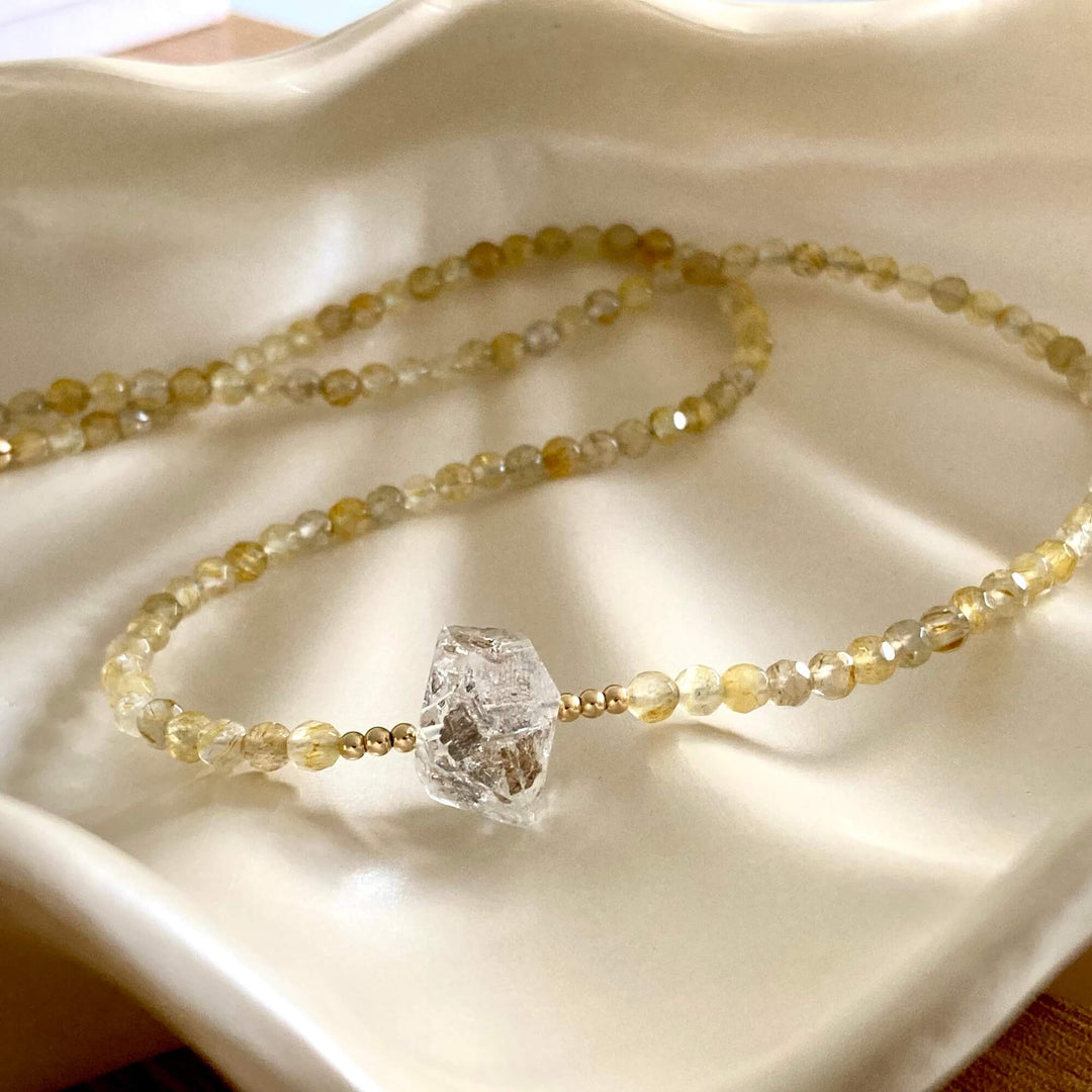Golden Seeker Of Light Herkimer Diamond & Rutilated Quartz Necklace