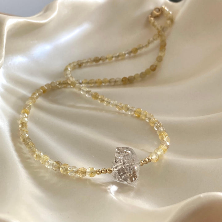 Golden Seeker Of Light Herkimer Diamond & Rutilated Quartz Necklace