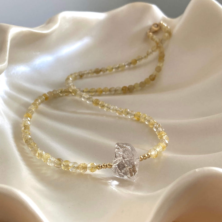 Golden Seeker Of Light Herkimer Diamond & Rutilated Quartz Necklace