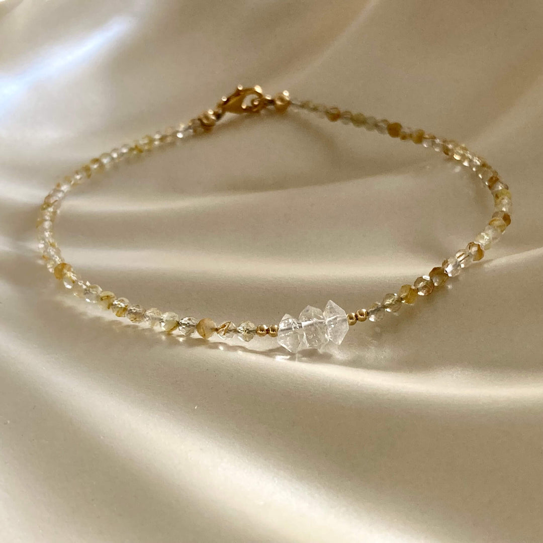 Golden Seeker Of Light Herkimer Diamond & Rutilated Quartz Anklet