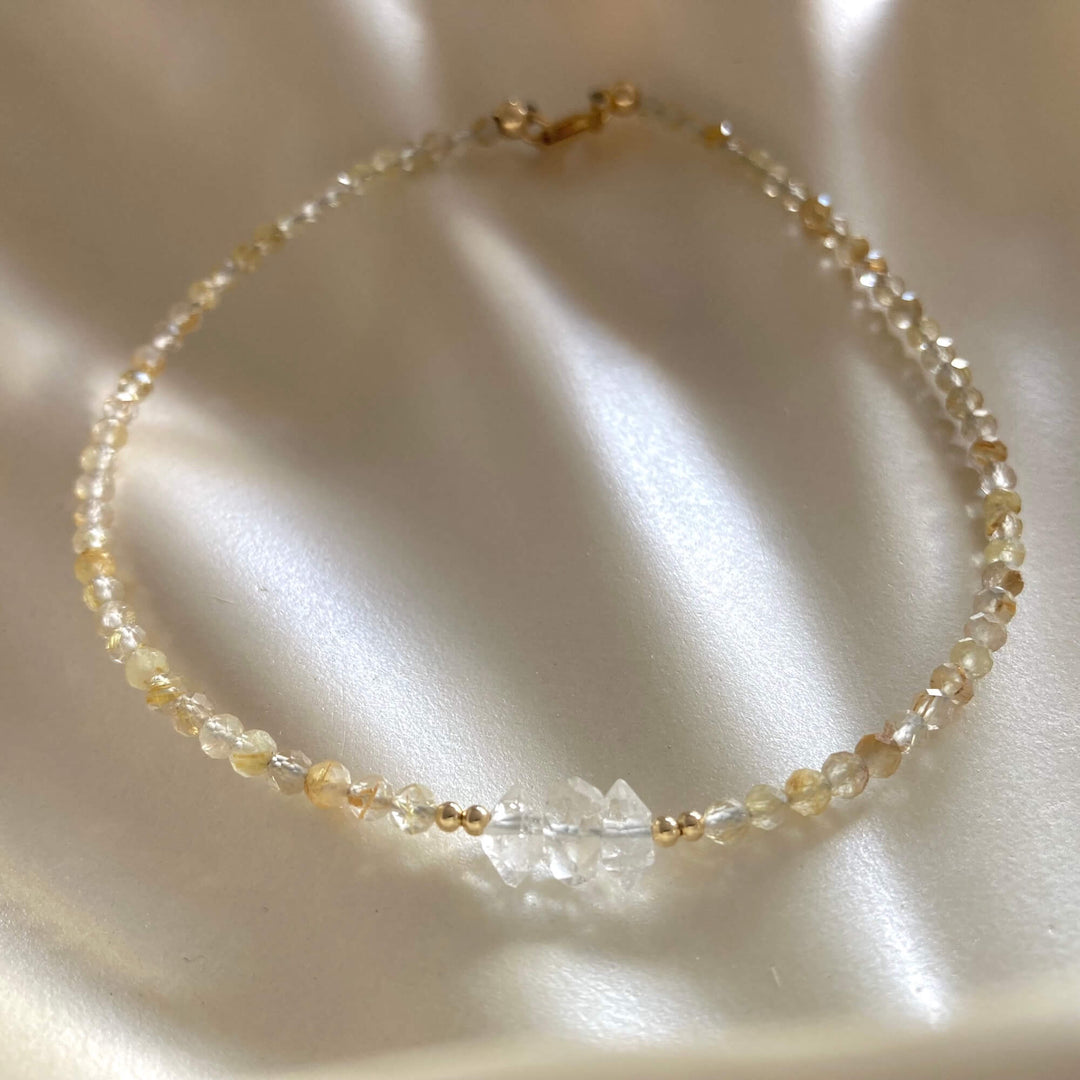 Golden Seeker Of Light Herkimer Diamond & Rutilated Quartz Anklet
