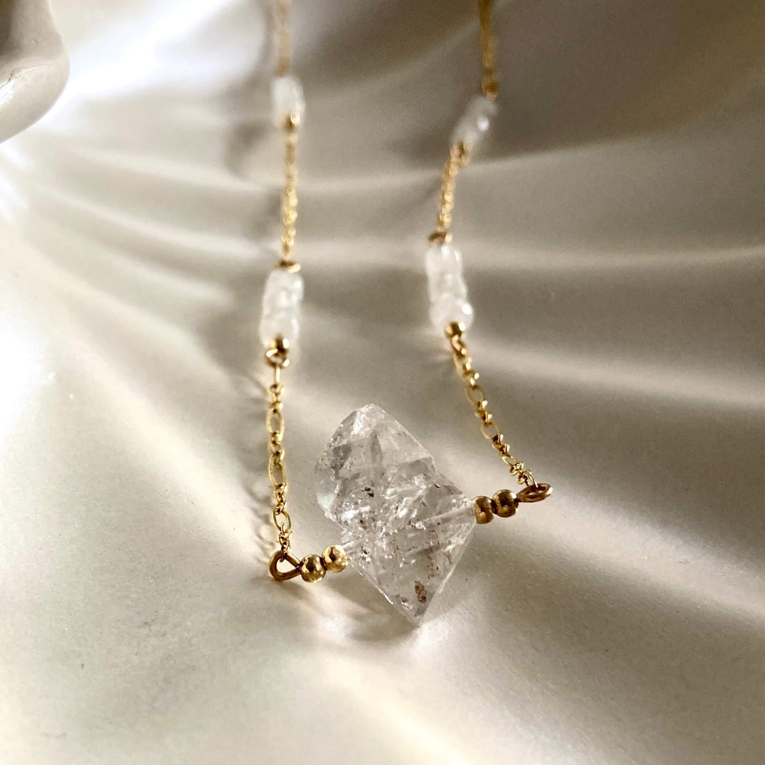 Golden Herkimer Diamond and Moonstone Chain Necklace