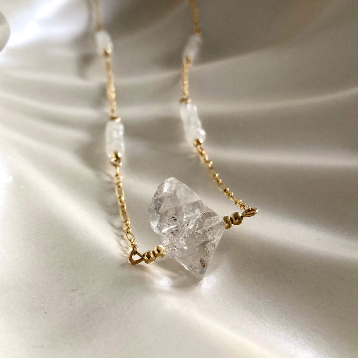 Golden Herkimer Diamond and Moonstone Chain Necklace