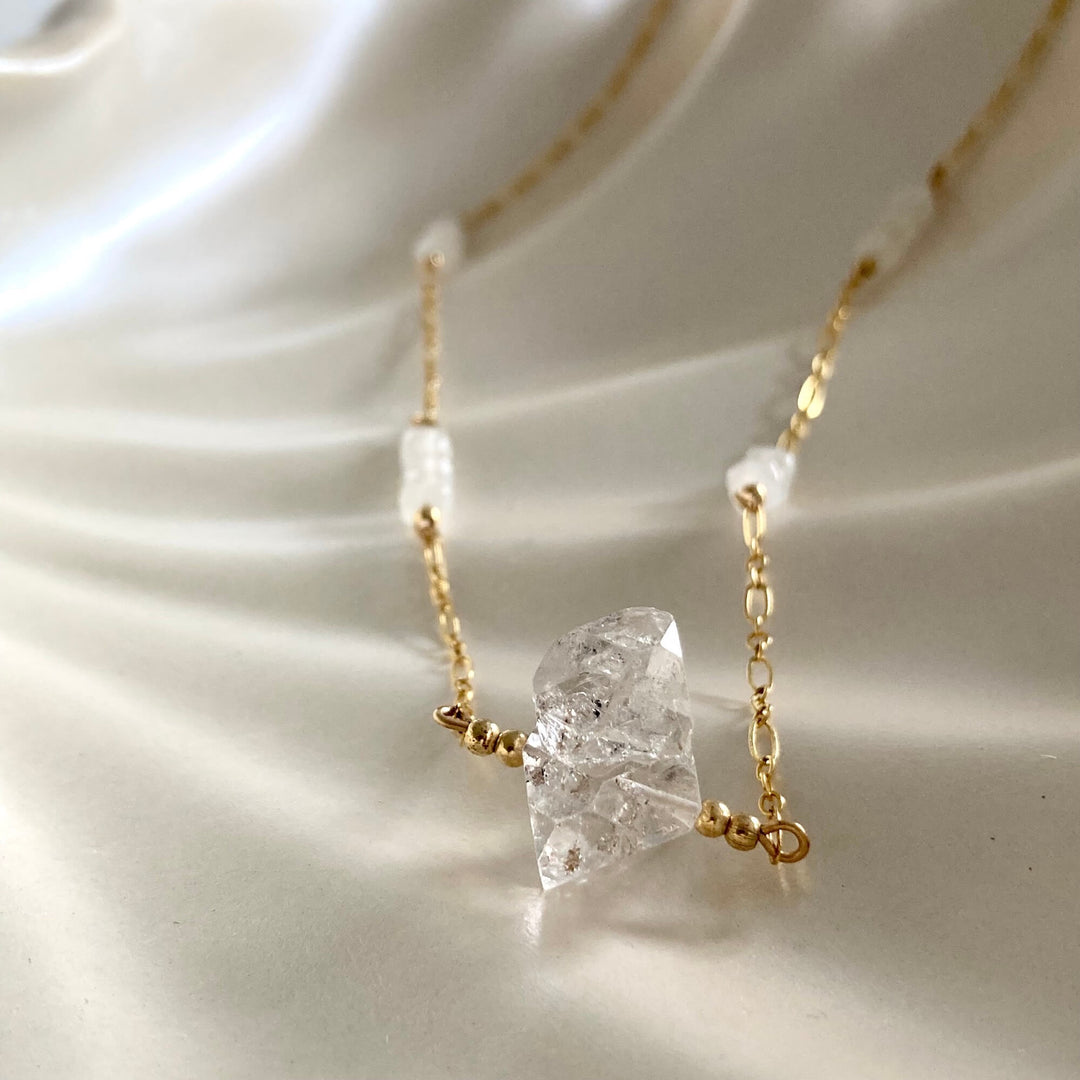 Golden Herkimer Diamond and Moonstone Chain Necklace