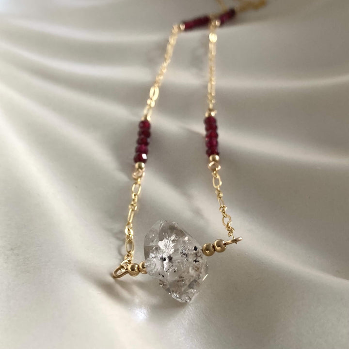 Golden Herkimer Diamond and Garnet Chain Necklace