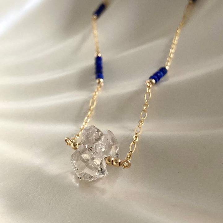 Golden Herkimer Diamond and Lapis Lazuli Chain Necklace