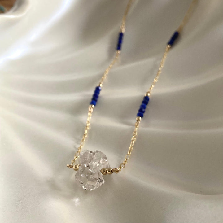 Golden Herkimer Diamond and Lapis Lazuli Chain Necklace