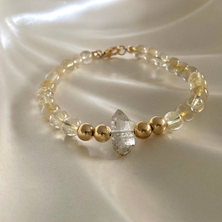 Golden Seeker Of Light Herkimer Diamond & Rutilated Quartz Bracelet