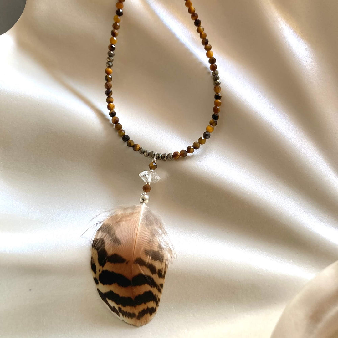 Tiger Eye, Pyrite & Herkimer Diamond Feathered Necklace