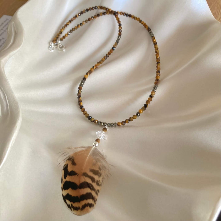Tiger Eye, Pyrite & Herkimer Diamond Feathered Necklace