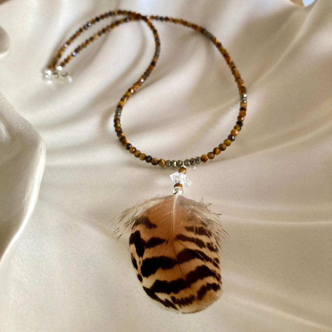 Tiger Eye, Pyrite & Herkimer Diamond Feathered Necklace