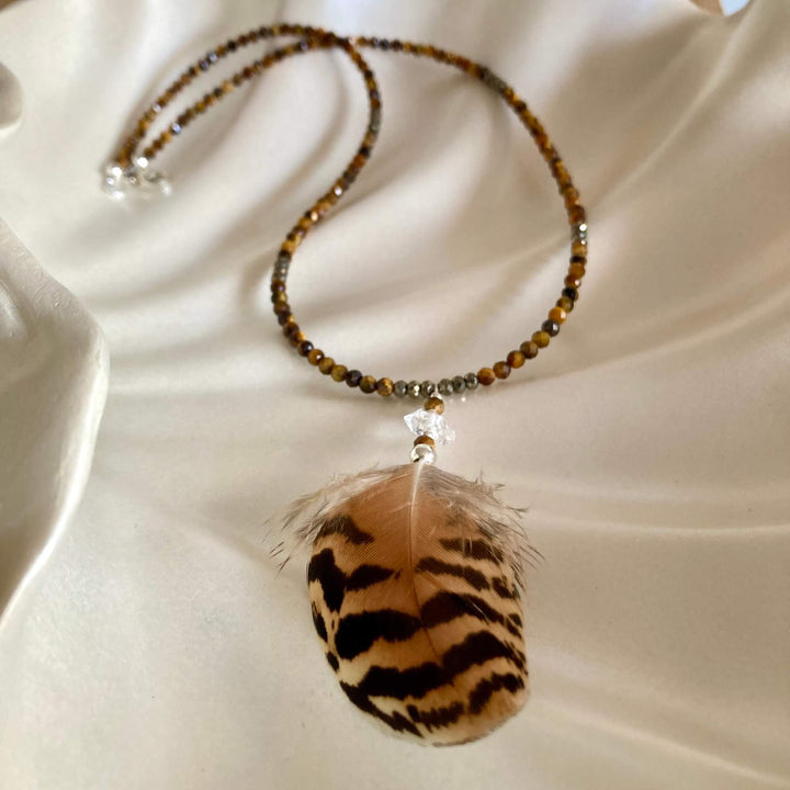 Tiger Eye, Pyrite & Herkimer Diamond Feathered Necklace