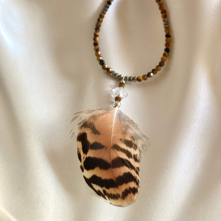 Tiger Eye, Pyrite & Herkimer Diamond Feathered Necklace